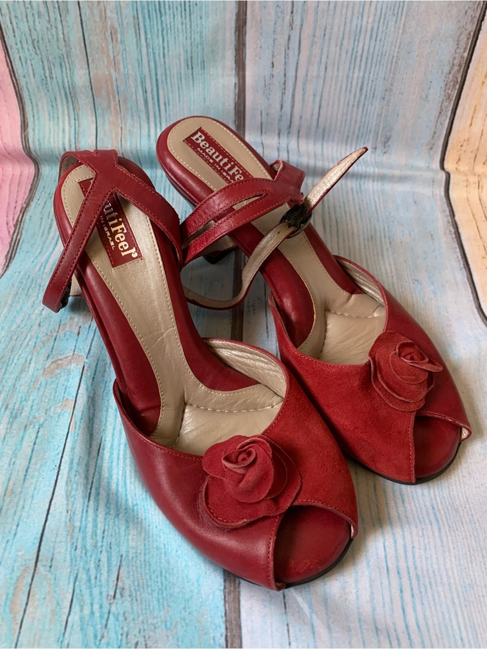 BeautiFeel Red Peep-Toe Heels with Floral Accent - Picture 11 of 11